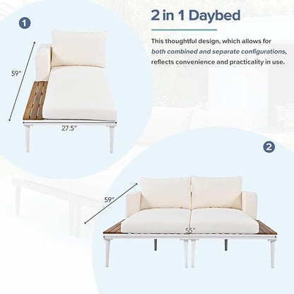 Polibi Patio Metal Daybed with Wood Topped Side Spaces for Drinks,Modern Outdoor Daybed 2 in 1 Padded Chaise Lounges for Poolside, Balcony, Deck,Beige