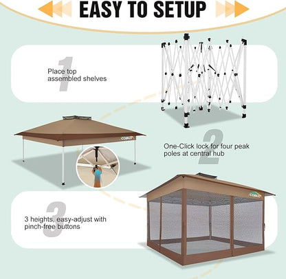 COBIZI 13x13 Pop Up Gazebos On Clearance Canopy Tent- Upgrade Metal Outdoor Canopy Waterproof - Portable Gazebo with Mosquito Nettings, 4 Ropes 8 Stakes and Carry Bag for Patio Garden(Brown)