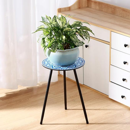 2 Packs Metal Mosaic Round Side Tables 13.4" Small Outdoor Patio Round Accent Coffee Tables Indoor Corner Stand for Small Spaces Weather-Resistant for Balcony, Porch Plant Stands Indoor, Blue Mosaic
