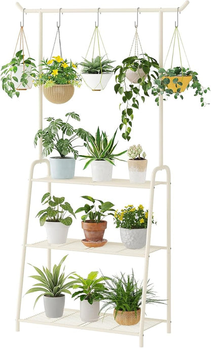 Plant Stand Indoor Outdoor,Metal Plant Stands for Multiple Plants,3 Tier Tall Hanging Plant Shelf,Large Heavy Duty Flower Holder Ladder Plant for Living Room, Patio, Balcony (White)
