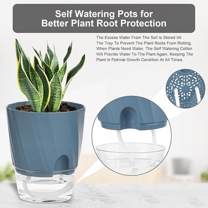 KIMCHOMERSE Self Watering Plant Pots, 4.7 Inch Plant Pots 6-Pack Indoor Planter Pots with Drainage Holes and Tray for Home Decor（2White, 2Pink, 2Blue）