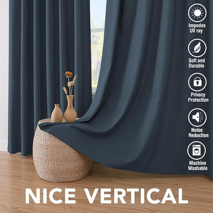 H.VERSAILTEX Linen Curtains 100% Blackout Curtains for Bedroom 102 inch Long Full Light Blocking Nature Linen Blended Window Curtains for Living Room Nickel Grommet (2 Panels, Navy)