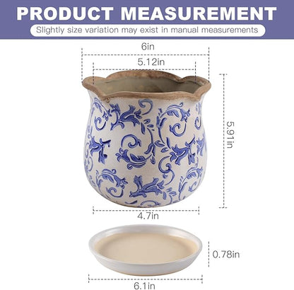 Ceramic-Planters-for-Indoor-Plants with Saucer, 6 inch Vintage Ice Crackle Glaze Plant Pots with Drainage Holes, Decorative Flower Pots for Outdoor Garden Home Decor, Tuscan Pot for Plant