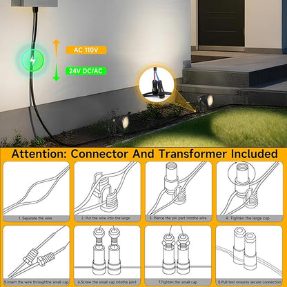 Low Voltage Safety Landscape Lights Outdoor: 7W 840LM LED Landscape Lighting with Connectors & Transformer for Tree Garden Yard Pathway | 24V Warm Yellow 3000K Spotlights | IP65 Waterproof | 24 Pack