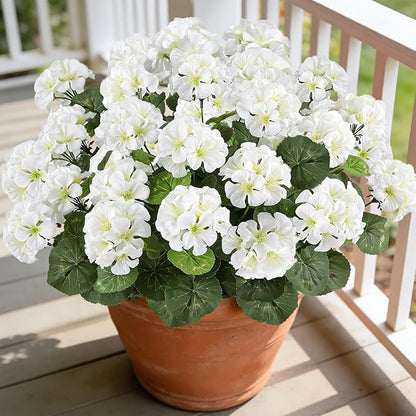 Artificial Geranium Flowers for Outdoors, 6 Bundles Realistic Silk Fake Geranium, No Fade Faux Plants for Hanging Baskets, Window Boxes, Pots - Porch, Patio, Balcony Decor(White)
