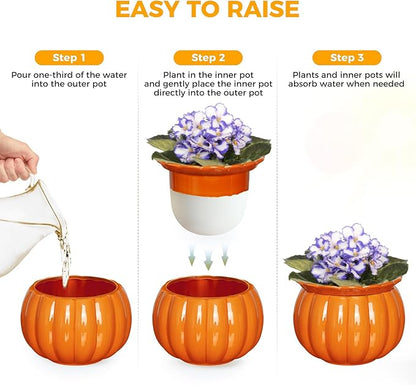 BUYMAX African Violet Pots, Halloween Pumpkin Plant Pots Ceramic Easy Self Watering Plant Pot for Busy Plant Lovers, Automatically Absorb Appropriate Amount of Water, Flower Pot Indoor