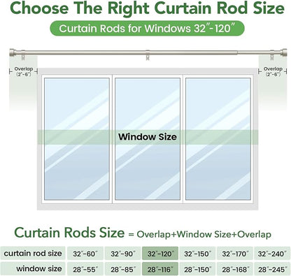 Time Forest Curtain Rods for Windows 66 to 120, 1 Inch Adjustable Heavy Duty Long Window Outdoor Curtain Rod for Patio, Drapery Rods with Simple End Caps, Size 32"-120", Brushed Nickel