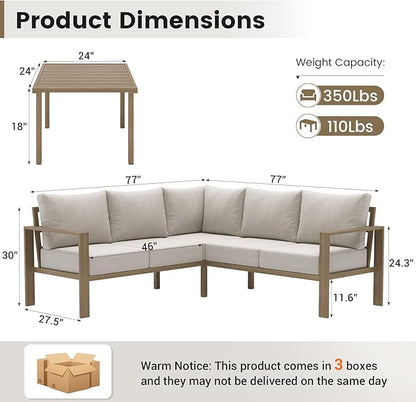 UDPATIO 6 Piece Patio Furniture Set, Faux Wood Metal Outdoor Sectional Sofa with 6" Thick Olefin Cushions, Wide Armrest & Coffee Table, L Shaped Outdoor Furniture for Garden, Backyard Beige