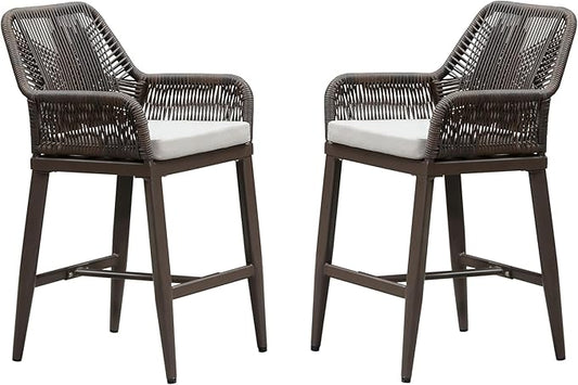 PURPLE LEAF Outdoor 24" Counter Height Bar Stools Chair Set of 2, All Weather Rattan and Aluminum Patio Bar Stool with Cushion for Indoor and Outdoor, Kitchen Island, Coffee