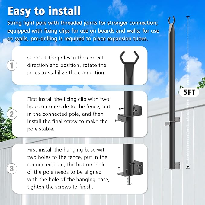 AILBTON 4.8Ft String Light Poles 8 Pack,Light Poles for Outside Lights,Outdoor with Fence Brackets Hanging Lights,Metal Stand Deck Patio Backyard