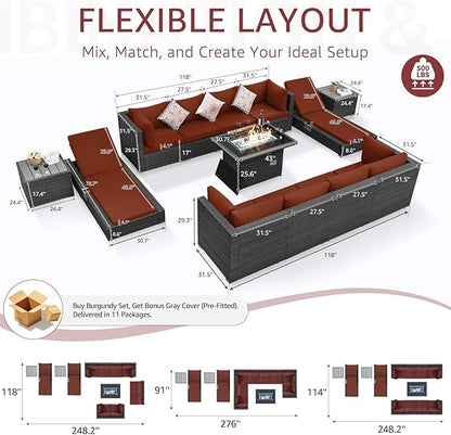 NICESOUL 13 Piece Large Outdoor Sectional with Fire Pit Table, 29.3'' High Back Patio Furniture with Fire Pit Table & Chaise Lounge, Big Deep 10-Seater for Garden, Grey Wicker & Burgundy Cushion