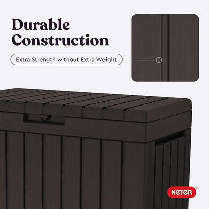 Keter Kentwood 50 Gallon Resin Deck Box for Outdoor Storage – Weather‑Resistant Balcony & Patio Box for Cushions, Throw Pillows & Garden Tools, Brown