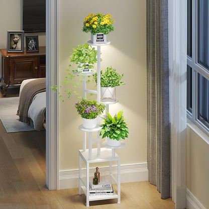 Plant Stand Indoor with Grow Light, 6-Tiered Tall Plant Stand Indoor, Metal Plant Shelf with Hanging Basket Hook and Adjustable Light, Ideal for Living Room, Garden, Round Patio white
