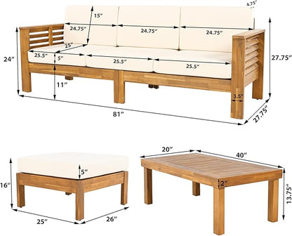 Merax 3 Piece Acacia Wood Patio Furniture Set, Outdoor Sectional Sofa Set with Coffee Table, 4 Seats Sofa Deep Seating with Soft Cushions for Garden, Backyard, Teak & Cream