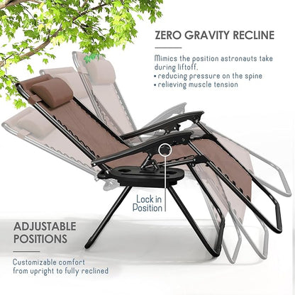 Nestl Zero Gravity Chairs Set of 4, Patio Lounge Chair Outdoor with Pillows & Cup Holder Trays, Adjustable Steel Mesh Reclining Camping Chair, Folding Patio Lawn Chair for Deck, Beach, Yard - Brown