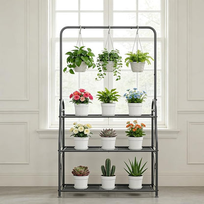 SORCEDAS Plant Stand Indoor Outdoor 3 Tier Tall Corner Hanging Plant Shelf Metal Flower Stands Ladder Plant Holder for Living Room Balcony Garden Patio Multiple Plants, Dark Grey