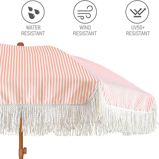 Patio Umbrella with Fringe Outdoor Tassel Umbrella UPF50+ Premium, 7ft