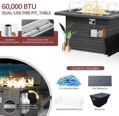 NICESOUL 9 Piece Extra Large Outdoor Patio Furniture Set with Firepit Table Natural Gas/Propane, 29.3'' High Back Gray Wicker Sectional Sofa, Deep Sitting Conversation,2 Color Cushion Burgundy & Gray