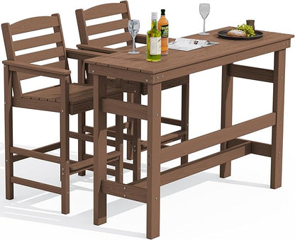 SERWALL Outdoor Bar Table and Chairs Set, Adirondack Bar Chairs Set of 2 and Bar Height Table, All Weather HDPE Patio Bar Set, Outdoor Furniture for Outside, Brown