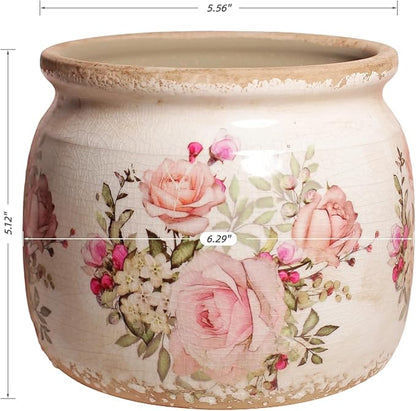 Ceramic Planter for Indoor Plants, 6.29 Inch Rose Pattern Crackle Glaze Flower Pot with Drainage Hole, Orchid Succulent Pots, European Farmhouse Bedroom Balcony Decor Gift, Pink