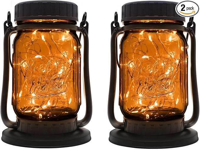 Solar Lanterns, Brown Glass Mason Jar Style, 30 Warm White Lights
