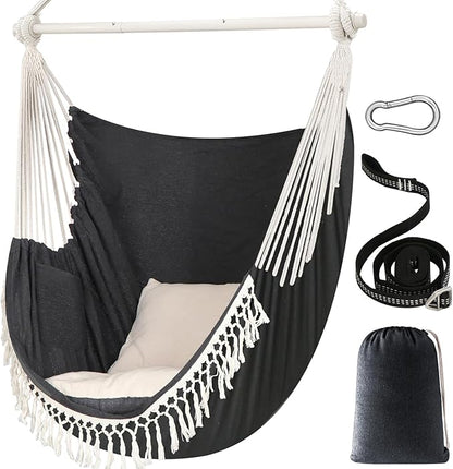 Chihee Hammock Chair 4.9ft x 3.9ft Max 500 Lbs Widen Hanging Swing 2 Cushions Included Metal Spreader Bar with Anti-Slip Grooves Portable Comfy Hanging Chair Side Pocket Bohemian Chair Indoor Outdoor
