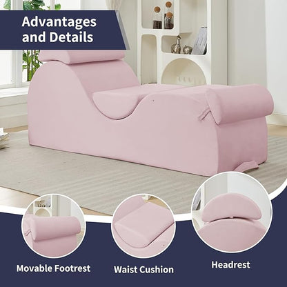 ijuicy Sleek Chaise Lounge Chair for Exercise, Indoor Lounger with Headrest, Waist Cushion, Movable Footrest, Side Pockets, Non-Slip Bottom, High Density Sponge, Pink