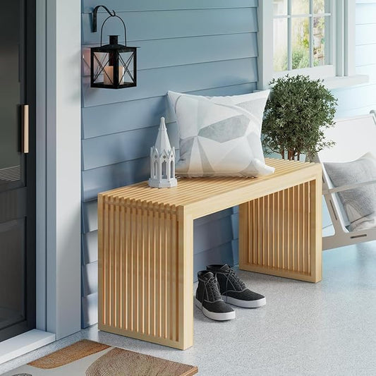 Bamboo Dining Bench, 35 inch Farmhouse Decor Indoor Kitchen Table Bench, Entryway Shoe Rack Bench Solid Bamboo Benches for Living Room, Hallway, Bedroom, Bathroom (Nature, Long-Outdoor)