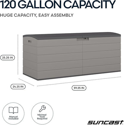 Suncast 120 Gallon Deck Box - Resin Outdoor Storage Box for Patio Cushions, Pool Accessories, & Garden Tools, Lockable Outdoor Storage Bin with Split Lid, Extra Large Dove Gray Outside Container