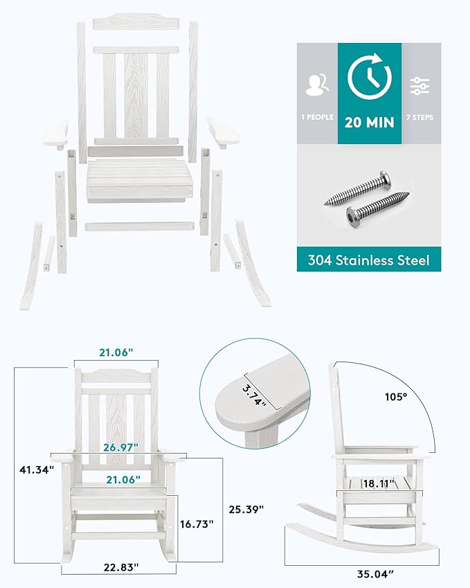 Oversized Outdoor Rocking Chair in White, HDPE, Holds 350 lbs