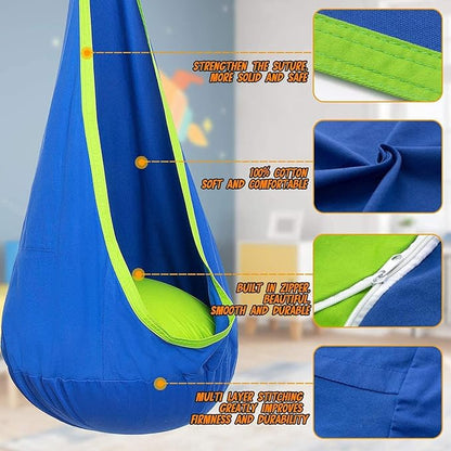 Hammock Chair for Kids, Cotton Pod Swing with Pillow, Blue/Green