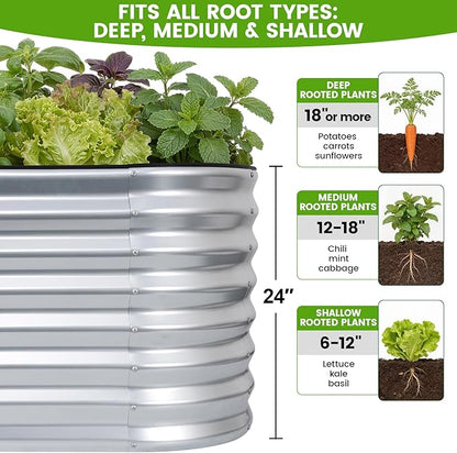 Galvanized Raised Garden Bed Outdoor 24'' Deep | Oval Metal Garden Beds with Easy Assembly & Planter Box for Planting Deep Root Vegetables Fruits Flowers, 4x2x2ft Silver