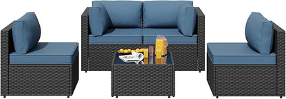 SUNLEI 5 Piece Patio Furniture Sets, Low Back All-Weather Rattan Sectional Sofa with Tea Table&Washable Couch Cushions, Patio Furniture Sets, Black Rattan