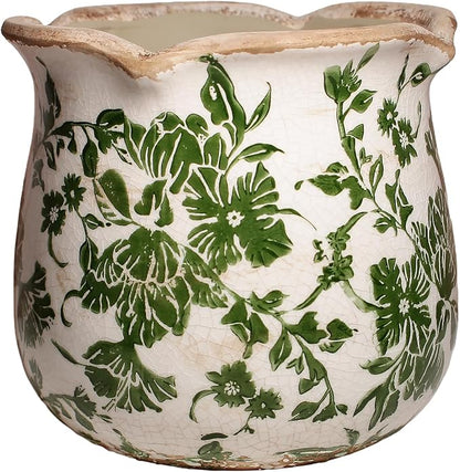 Tuscan Ceramic Plant Pots, 6.11 Inch Vintage Planters with Drainage Hole for Indoor Plants, Farmhouse Green Scroll Vase & Flower Pots, Home Kitchen Garden Decor, Plant Lover Gifts