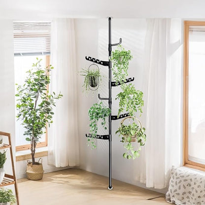 Tension Rod Plant Stand, Plant Poles for Hanging Plants Indoor, Metal Tension Pole Plant Stand with 6 Hangers, Floor to Ceiling Hanging Plants Stand(Fit 3.6-10ft)