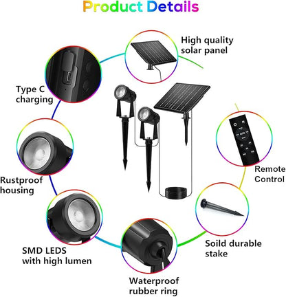ZYAN Solar Color Changing RGB Spotlights with Remote, 12000mAh Separate Monocrystalline Panels & USB-C Powered, Auto On Off, Outdoor IP65 Waterproof for Patio Yard Path (100 Lumens × 8 Pack)