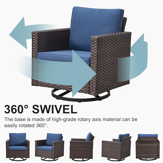 Belord Patio Conversation Set with Swivel Glider Chairs - 9 Piece Outdoor Sectional Furniture Set with Storage Box and Metal Top Table Brown Wicker/Blue Cushions