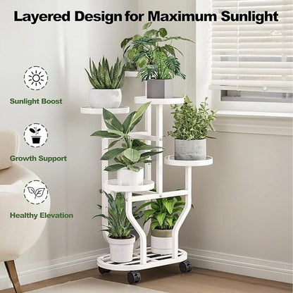 Plant Stand 5 Tier Indoor Outdoor Metal Flower Shelf with Wheels Multi Plants Holder Display Rack for Garden Patio Balcony Living Room White (White, 5 Tier)