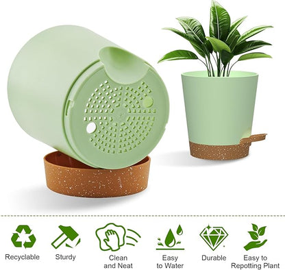 Self Watering Pots, 7/6.5/6/5.5/5/4 inch Flower Pots with Multi Mesh Drainage Holes, Small Platic Planters for Indoor Outdoor Garden Plants and Flowers (Green with Brown Tray, 7"+6.5"+6"+5.5"+5"+4")