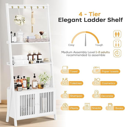 4-Tier Ladder Shelf with Drawers 59.5"H x 24.8"L x 10.6"W, Ladder Bookshelf with 6 Hooks, Tall Narrow Retro Bookcase, Freestanding Storage Shelf for Living Room, Home Office, Bedroom, White
