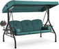 HOMREST 3 Seat Outdoor Porch Swing with Adjustable Canopy, Convertible Patio Swing Bed with Stand, Patio Glider Swing with Upgraded Cup Holder, Thicken Cushions ＆ Pillow for Backyard（Green）