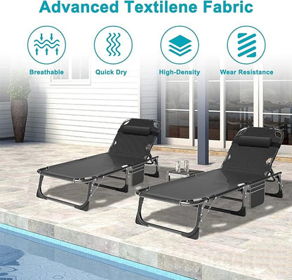 ABORON 2PK Heavy Duty Tanning Chair, 5-Gear Outdoor Folding Chaise Lounge Chair with Cushion, Portable Beach Lounge Chair for Outdoor Sunbathing, Patio, Pool, Lawn, Deck, Poolside