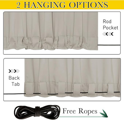 NICETOWN 2 Panels Outdoor Curtains for Patio Waterproof & Windproof, Extra Wide Grommet & Back Tab on Top & Bottom Thermal Insulated Sun Blocking Drapes with Rope for Deck, Natural, W100 x L84
