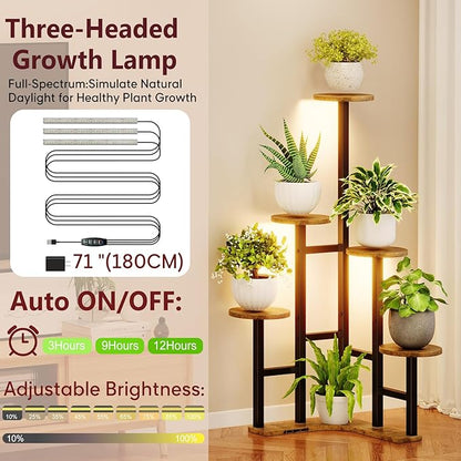 Corner Plant Stand Indoor with Grow Lights, 6 Tiered Corner Plant Shelf Flower Stand for Multiple Plants, Plant Shelves Organizer Rack for Living Room, Balcony, Patio, Round Rustic Brown