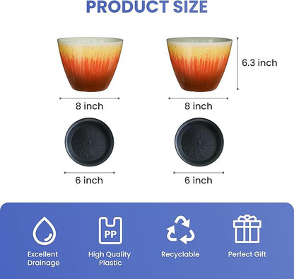 8 inch Plant Pots Pack of 2, Plastic Flower Pots Flower Pots, Modern Glossy Finishing Planter for Indoor Outdoor Plants (Orange Glaze)