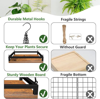 Plant Hanger Indoor, 11.8" Wooden Hanging Plant Holder with Metal Frame Hanging Planter for Indoor Plants Load 50LB Hanging Plant Shelf with 27.6" Long Chain, Ideal for Heavier Pots Window Ceiling