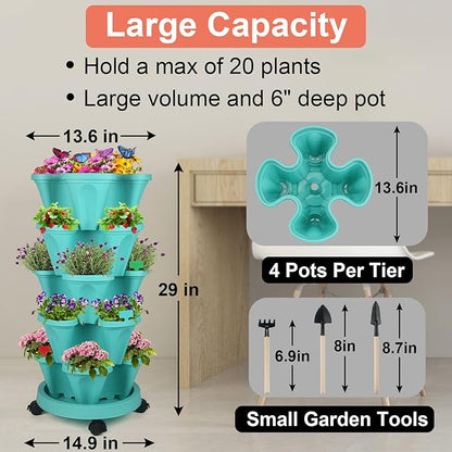 DUNCHATY Stackable Planter, Teal, 6 Tier Garden Tower, Self Watering, Indoor/Outdoor, with Garen Tool Set