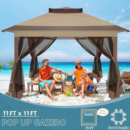 COBIZI 10x10 Pop Up Gazebos on Clearance 11x11 Canopy Tent Easy Up Outdoor Gazebo Waterproof Portable Gazebo with Mosquito Nettings, Double Vented Roof and Carry Bag for Patio Garden Lawn(Coffee)