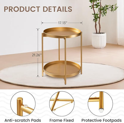 Round Metal Side Table, 2-Tier Outdoor End Table with Removable Trays