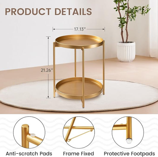 Round Metal Side Table, 2-Tier Outdoor End Table with Removable Trays
